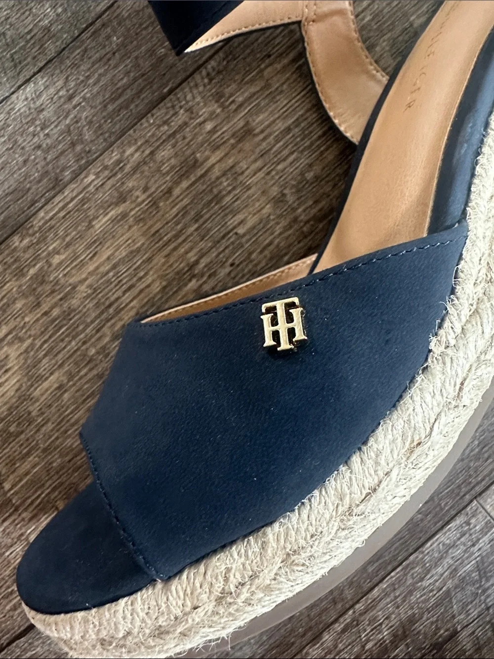 Tommy Hilfiger Navy Espadrille Wedge Sandals with Gold Logo